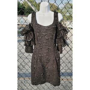 1990s Nuance Black Rouch Bodycon Short Dress with Spanish Frilly Arms Size M